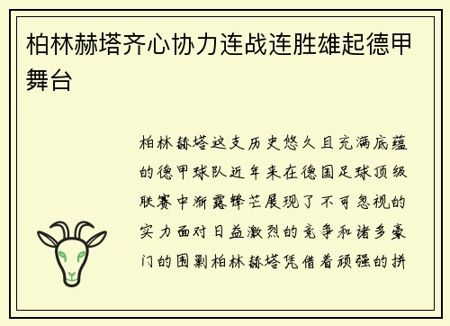 柏林赫塔齐心协力连战连胜雄起德甲舞台